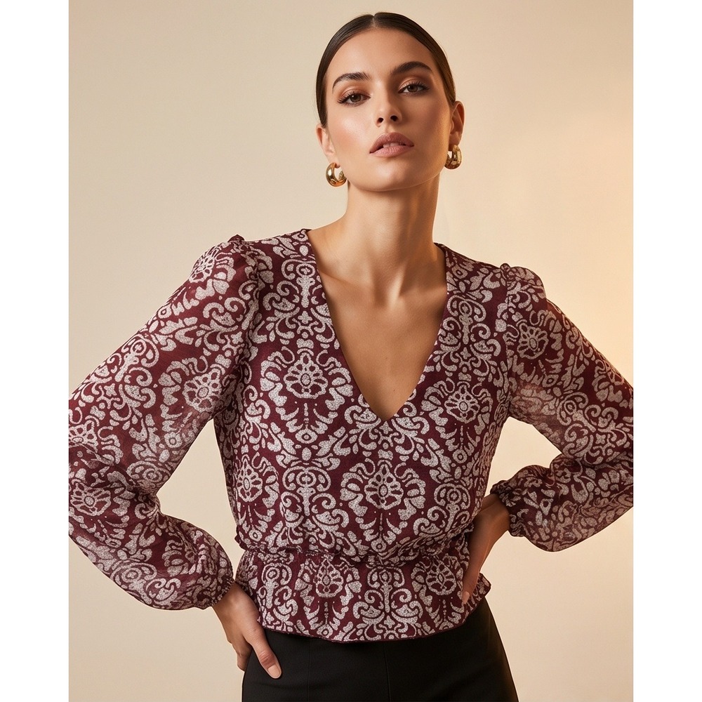 BY Anthropologie M Blouse Lace Maroon Ivory Mixed Jaquard Peplum LS Bobo Medium